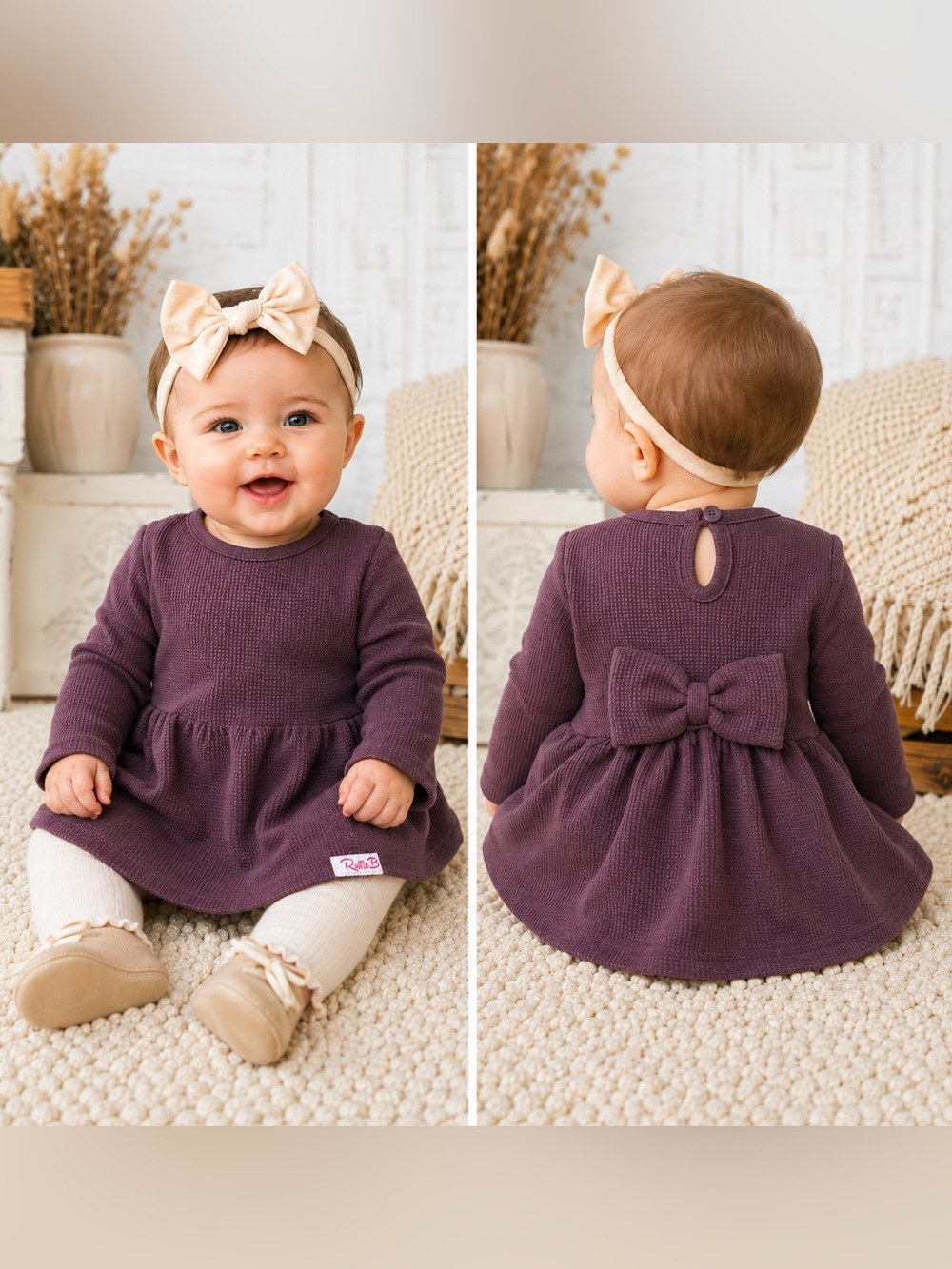 RuffleButts Baby Girl Waffle Knit Bow Back Tunic Top Mauve 6-12M